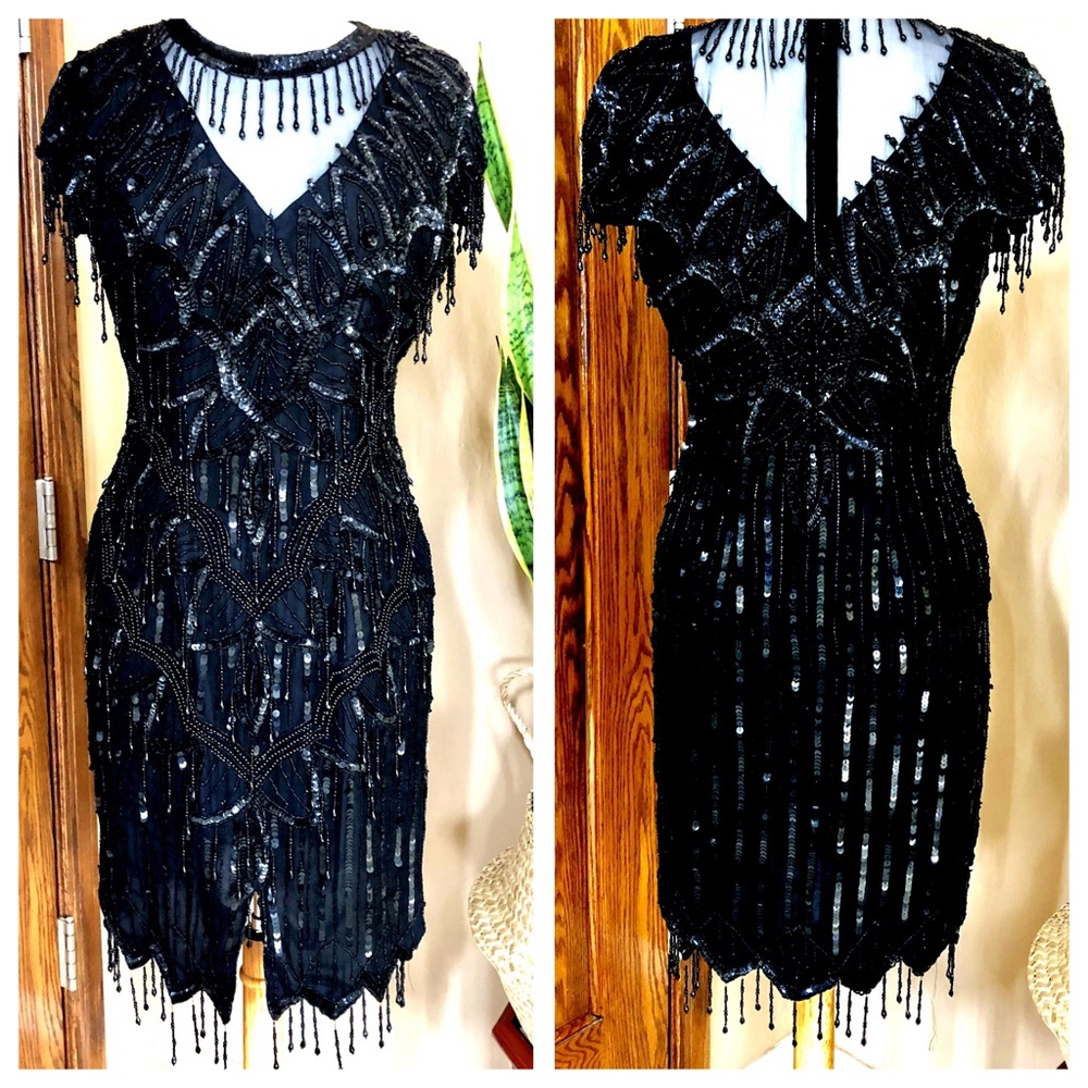 🥂Vintage Laurence Kazar Black Sequin Beaded Dress